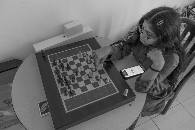 Vidhyaa Chandramohan's daughter playing chess. Vidhyaa Chandramohan