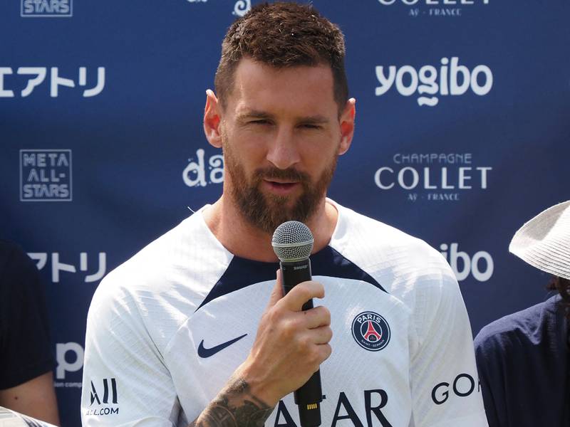 Lionel Messi answers a question while attending a soccer clinic at a stadium in Tokyo on July 18, 2022, as a part of PSG’s pre-season summer tour of Japan. AFP