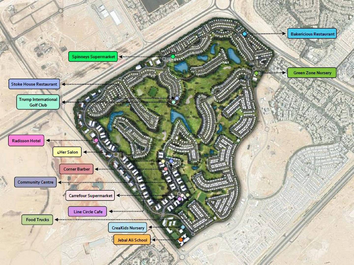 There are two supermarkets, golf club and a huge park area for families moving to Damac Hills. Damac