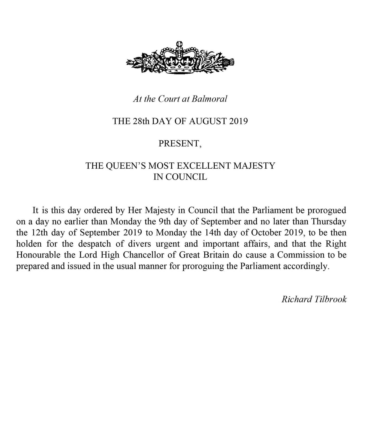 This handout image provided by the Privy Council shows a notification that the Queen has approved an order to prorogue Parliament, on Wednesday, Aug. 28, 2019. Britain's Queen Elizabeth II has approved the UK government's request to suspend Parliament amid a growing crisis over Brexit. The move was not unexpected, as the monarch has steadfastly refused to get involved in politics throughout her long reign. Prime Minister Boris Johnson spoke to the queen on Wednesday to request an end to the current Parliament session in September. (Privy Council via AP)