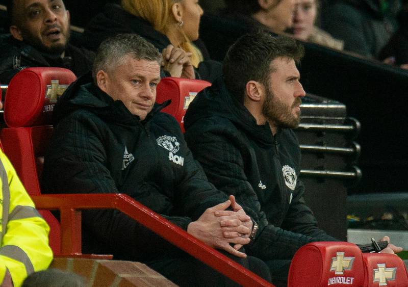 Manchester United manager Ole Gunnar Solskjaer watches on from the dugout. EPA