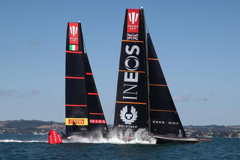Prada Luna Rossa in action against Ineos Team UK during Race 5 of the Prada Cup Final at Auckland Harbour on Sunday, February 20. Getty