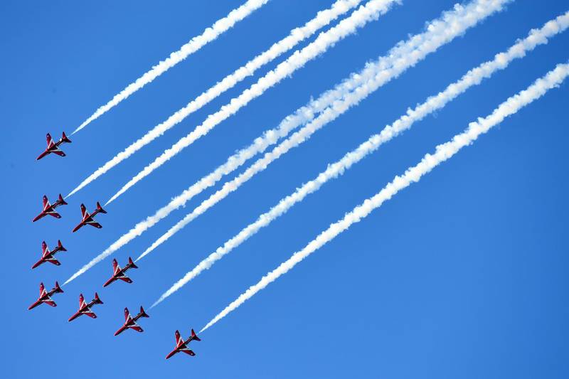 The Red Arrows fly over Carbis Bay and St Ives during the G7 summit. Getty