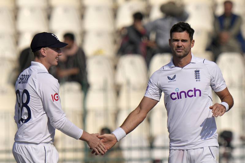 England bowler James Anderson celebrates after taking the wicket of Pakistan's Abrar Ahmed for 17. AP