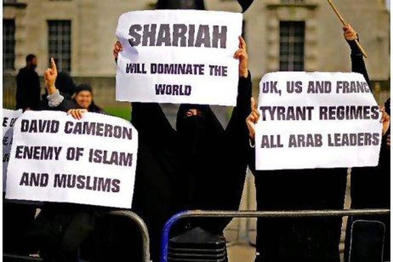 Muslim women demonstrate in favour of Sharia law during a protest outside 10 Downing Street in London earlier this year.