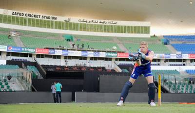 ABU DHABI, UNITED ARAB EMIRATES - NOVEMBER 10:  Sam Billings of England keeps wicket during a nets session at Zayed Cricket Stadium on November 10, 2015 in Abu Dhabi, United Arab Emirates.  (Photo by Gareth Copley/Getty Images)