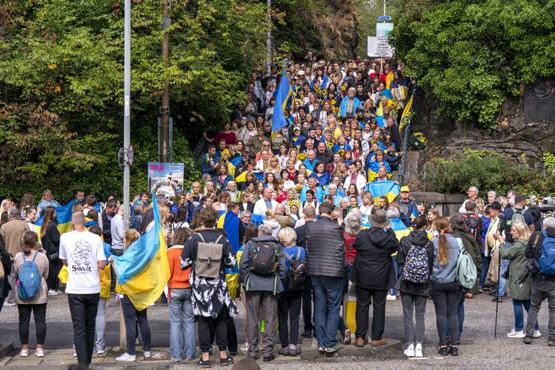 Crowds march during the Ukraine independence rally in Edinburgh. PA