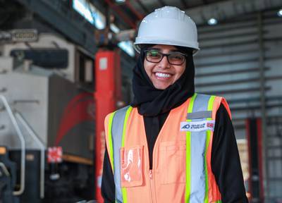 Abu Dhabi, United Arab Emirates, November 15, 2020.  Maithaa Al Remeithi, first Emirati train controller at Etihad Rail Depot, Al Mirfa.Victor Besa/The NationalSection:  NAReporter:  Kelly Clarke