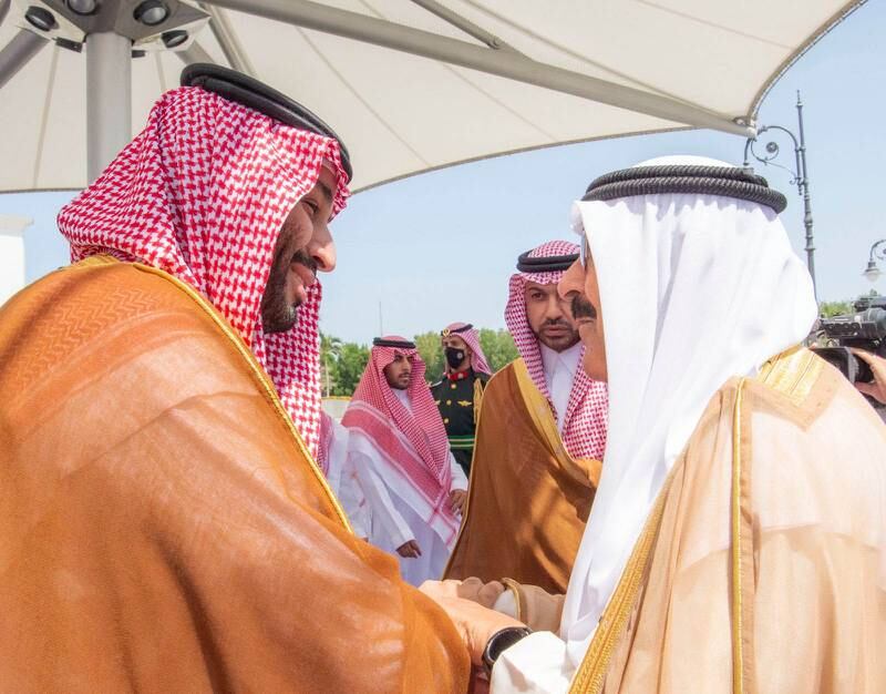 Saudi Crown Prince Mohammed bin Salman receives Sheikh Mishal Al Sabah, Crown Prince of Kuwait, before the   Jeddah Security and Development Summit on Saturday. SPA