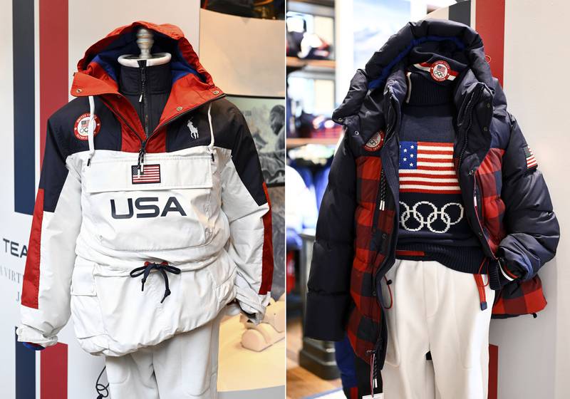 This combination of photos shows uniforms for the Team USA Beijing Winter Olympics opening ceremony, left, and closing ceremony, right. Invision / AP