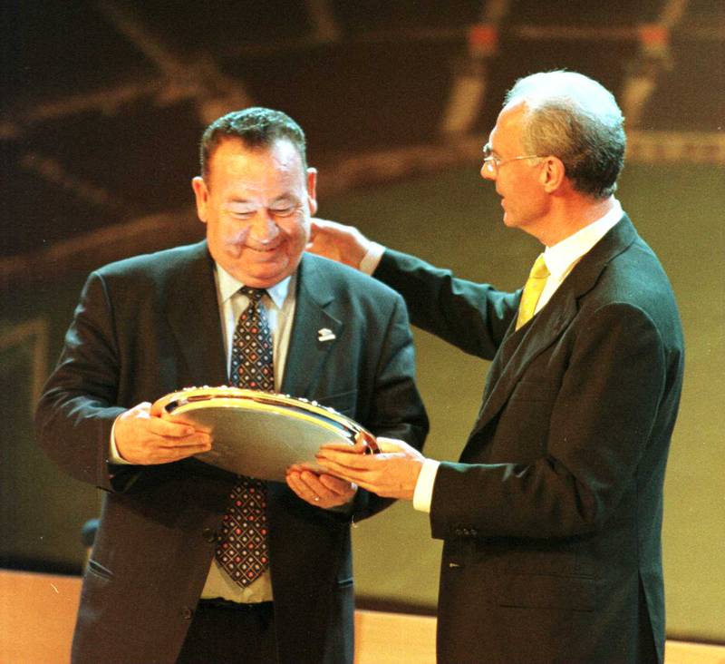 Just Fontaine of France is welcomed into the Fifa Hall of Champions by Germany's Franz Beckenbauer in 1999. Getty 