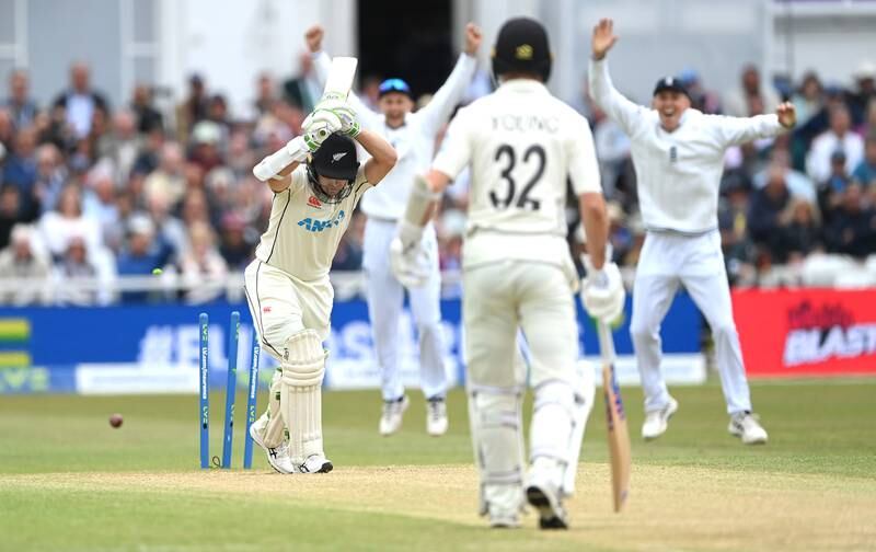 New Zealand batsman Tom Latham is bowled by James Anderson as the England great reaches 650 career Test wickets. Getty