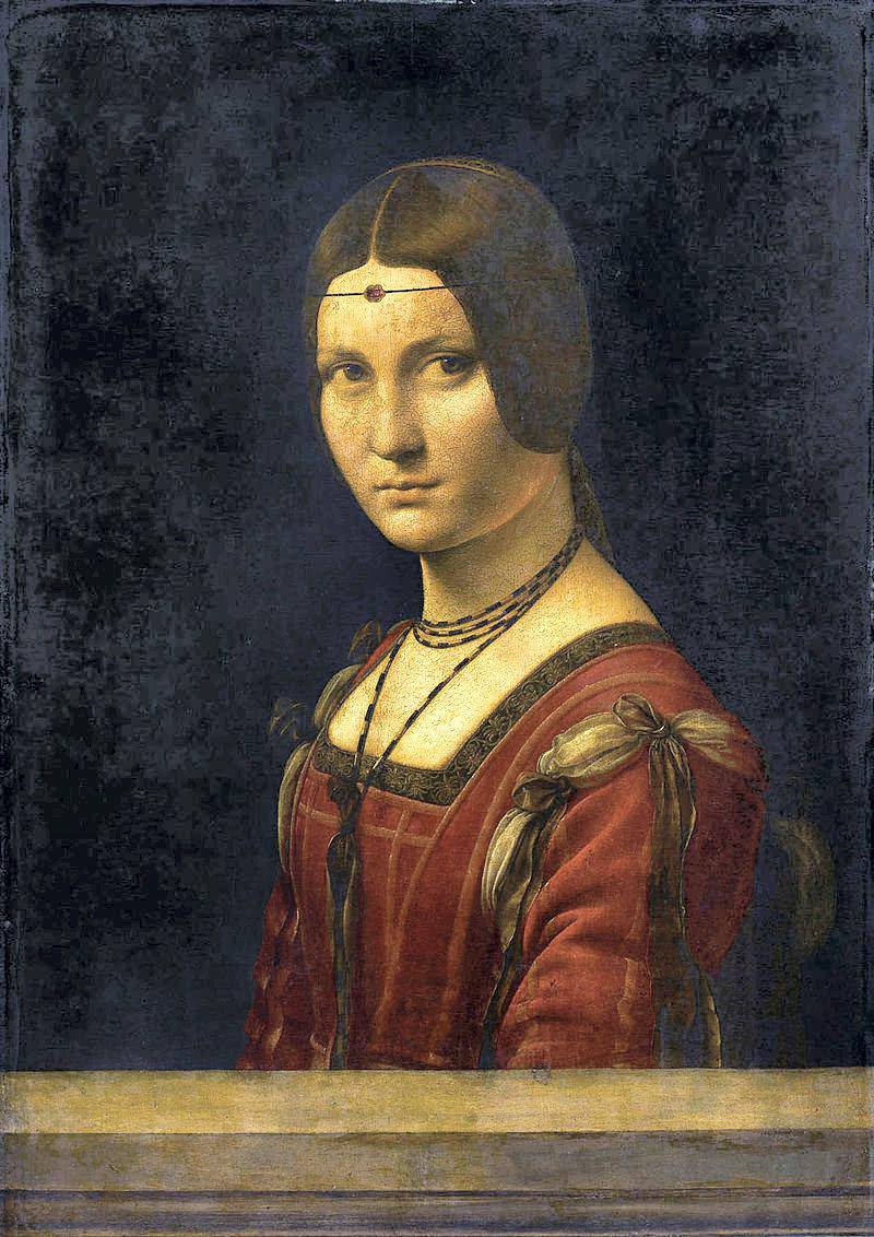 'La Belle Ferronniere' (1490-96). It is also known as 'Portrait of an Unknown Woman'. The woman has never been identified, although an exhibition in 2012 listed the portrait as possibly depicting Beatrice d'Este, wife of Ludovico il Moro. It is usually housed in the Louvre, Paris, but is currently on loan to Louvre Abu Dhabi