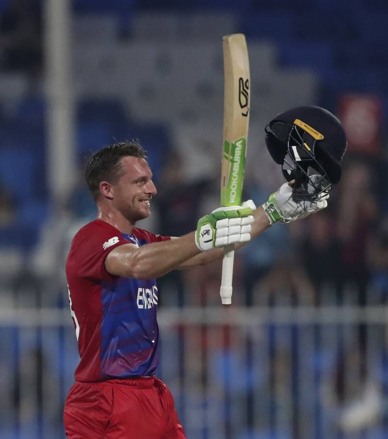 England's Jos Buttler celebrates after reaching his century against Sri Lanka in Sharjah. AP