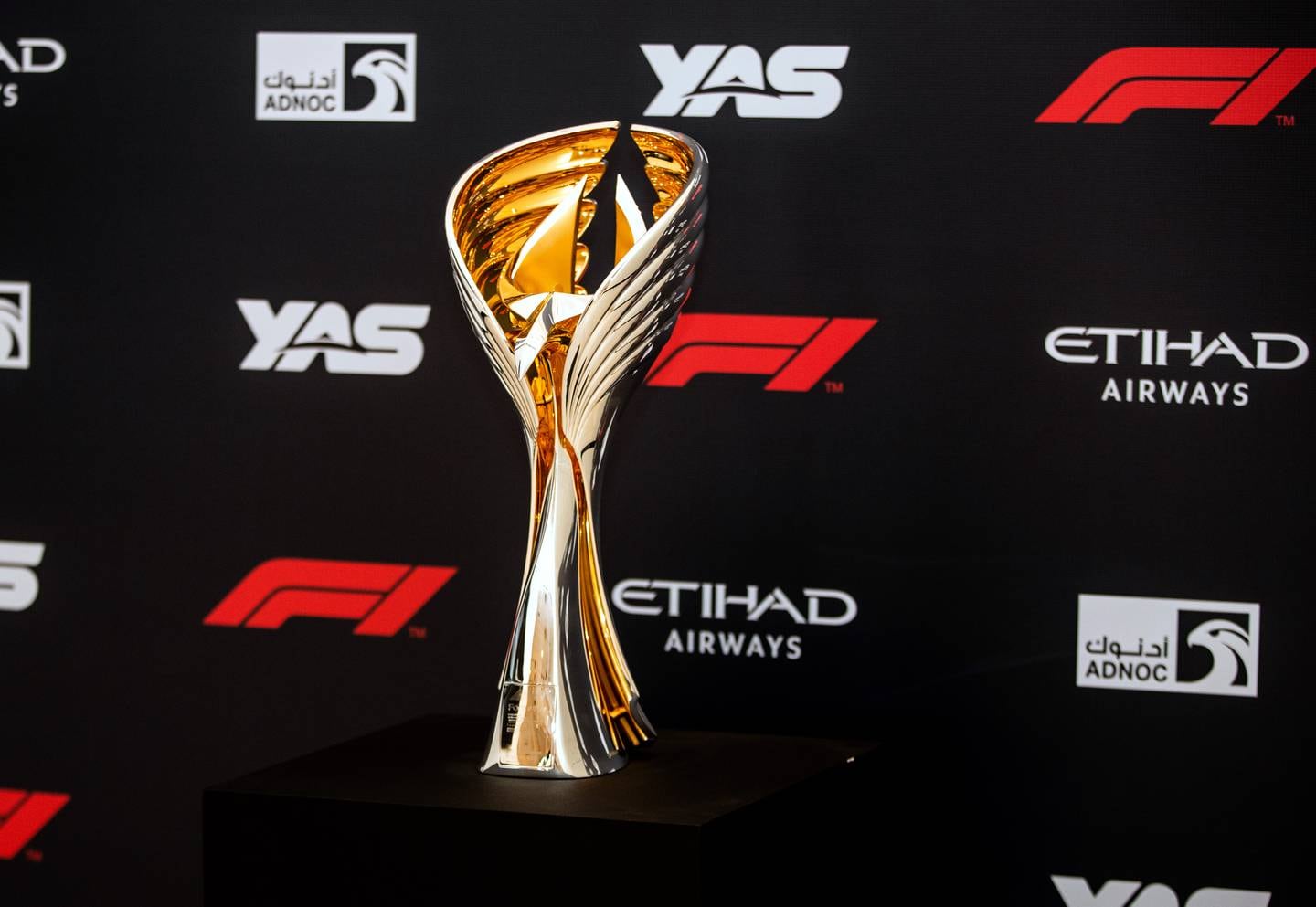 The Abu Dhabi GP trophy on display during the 2022 global ticket launch at the Yas Marina Conference Centre in Abu Dhabi. Victor Besa / The National