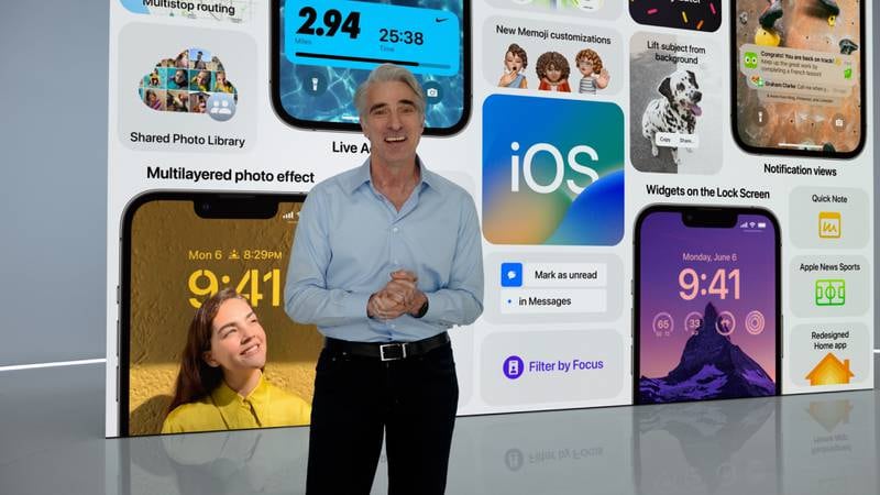 Apple's senior vice president of software engineering Craig Federighi talks about the new features of iOS 16 on Monday. EPA