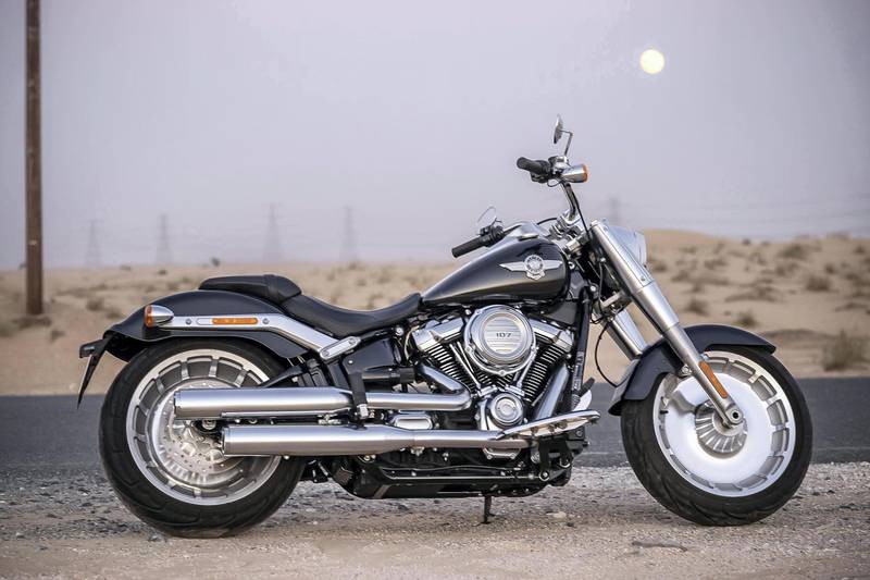 DUBAI, UNITED ARAB EMIRATES. 17 JANUARY 2018. The 2018 Harley Davidson Fatboy 107 cubic engine. Photographed at Al Qudra lakes in Dubai. (Photo: Antonie Robertson/The National) Journalist: Antonie Robertson. Section: Motoring.