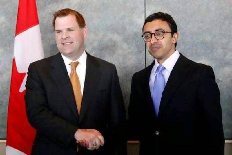 Canada's foreign minister, John Baird, greets Sheikh Abdullah bin Zayed, the UAE Minister of Foreign Affairs, on March 5.