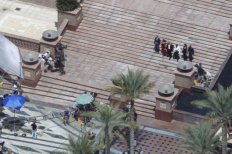 The main cast of Fast & Furious 7 filming at the Emirates Palace hotel in Abu Dhabi. Jeffrey E Biteng / The National