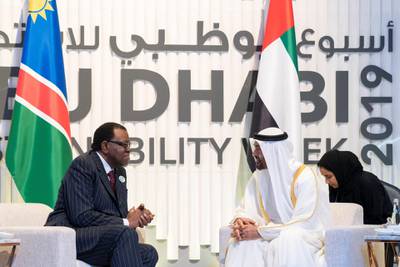 ABU DHABI, UNITED ARAB EMIRATES - January 14, 2019: HH Sheikh Mohamed bin Zayed Al Nahyan, Crown Prince of Abu Dhabi and Deputy Supreme Commander of the UAE Armed Forces (R), meets with HE Hage Geingob, President of Namibia (L), during the World Future Energy Summit 2019, part of Abu Dhabi Sustainability Week, at Abu Dhabi National Exhibition Centre (ADNEC).

( Mohamed Al Hammadi / Ministry of Presidential Affairs )
---