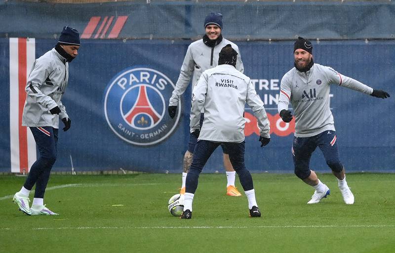 Kylian Mbappe, left, and Sergio Ramos during a training session in Saint-Germain-en-Laye. AFP