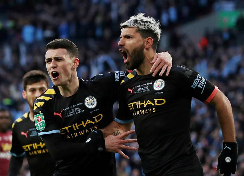 Soccer Football - Carabao Cup Final - Aston Villa v Manchester City - Wembley Stadium, London, Britain - March 1, 2020  Manchester City's Sergio Aguero celebrates scoring their first goal with Phil Foden   Action Images via Reuters/Lee Smith  EDITORIAL USE ONLY. No use with unauthorized audio, video, data, fixture lists, club/league logos or "live" services. Online in-match use limited to 75 images, no video emulation. No use in betting, games or single club/league/player publications.  Please contact your account representative for further details.     TPX IMAGES OF THE DAY