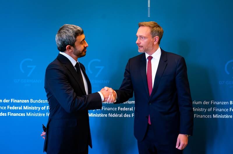 Sheikh Abdullah bin Zayed, Minister of Foreign Affairs and International Co-operation, meets Christian Lindner, Germany's Minister of Finance, in Berlin on Thursday. All photos: Ministry of Foreign Affairs and International Co-operation