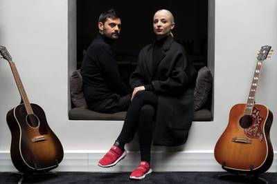 Members of French pop band "Madame Monsieur" Emilie Satt and Jean-Karl Lucas pose during a photo session, on April 12, 2018 in Paris.
Madame Monsieur will represent France with their song 'Mercy' during the 2018 Eurovision Song Contest (ESC).  / AFP PHOTO / LIONEL BONAVENTURE