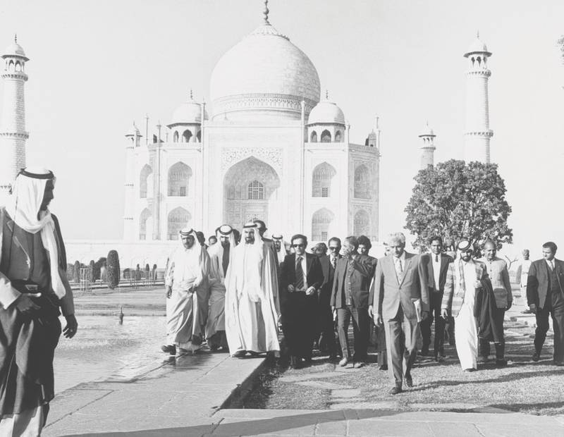 The Founding Father, Sheikh Zayed, during a visit to the Taj Mahal in Agra, India, in 1975. Photo: National Archives