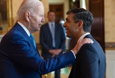 British Prime Minister Rishi Sunak, right, with US President Joe Biden at the White House in June. They will have their sixth meeting on Sunday, when Mr Biden visits Britain. Photo: No 10 Downing Street