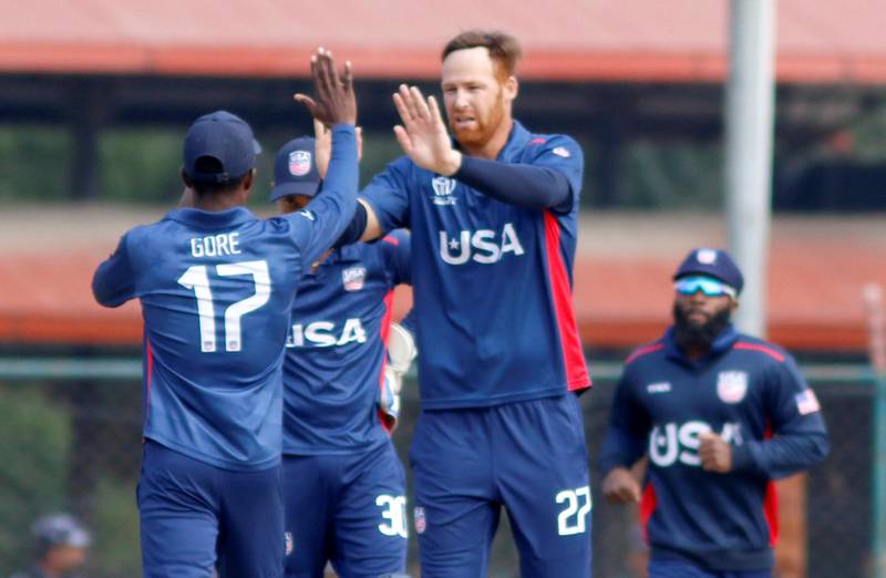 Team USA celebrate during the ICC Cricket World Cup League 2 match between USA and Nepal at TU Cricket Stadium on 8 Feb 2020 in Nepal  (2)