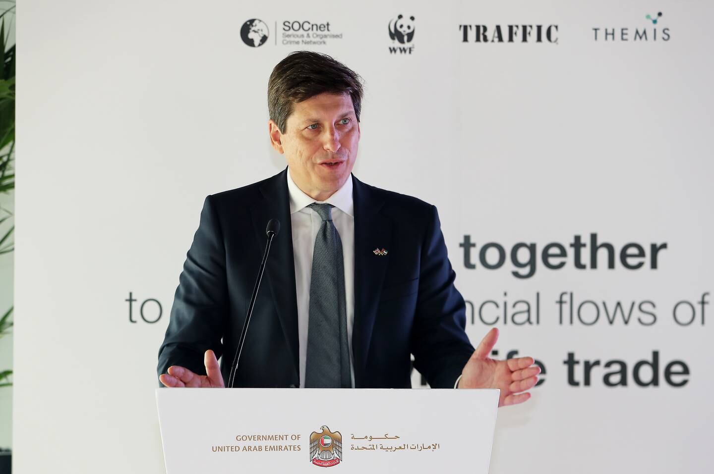 Patrick Moody, UK Ambassador to the UAE, at the Expo 2020 Dubai event to launch the guide. 'Too many animals and species are being consigned to the pages of history by the illegal trade in wildlife,' he said. Pawan Singh / The National  