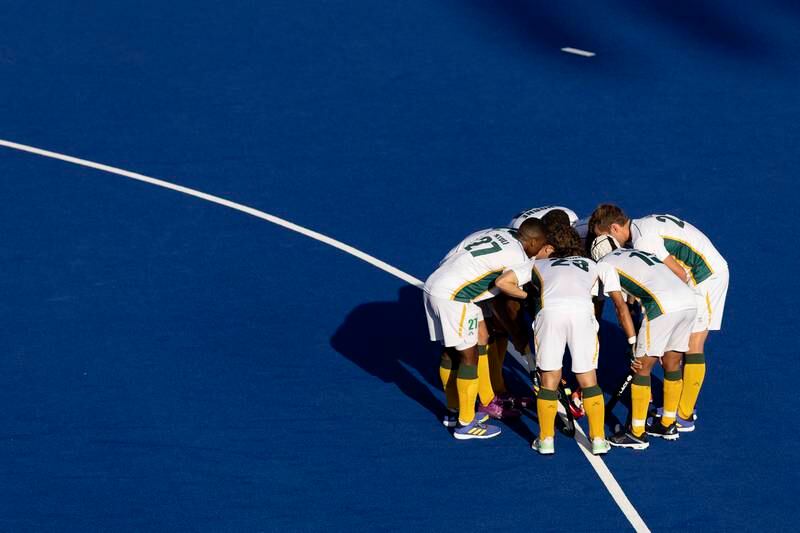 Team South Africa huddle prior to the Men's Hockey - Semi-Final match between India and South Africa, on day nine of the Birmingham 2022 Commonwealth Games, on August 06, Birmingham, England. Getty