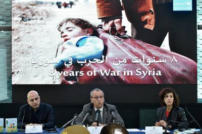 epa07428734 Lebanese music composer Jad Rahbani (L) and UNICEF Regional Chief of Communications, Middle East and North Africa Juliette Touma (R) listen to UNICEF Regional Director for the Middle East and North Africa Geert Cappelaere (C) speaking during a press conference to mark 8th anniversary of the Syrian war, in Beirut, Lebanon, 11 March 2019. As the conflict in Syria enters 9th year, UNICEF is launching its first ever children songs album, featuring children from Syria and neighboring countries, including rearranged old songs from 1976. According to the UNICEF, 1,106 children were killed in 2018 in the fighting, the highest ever number of children killed in a single year since the start of the war. As a result of the eight-year-long war in Syria, eight million children are now in need of assistance including psychosocial support.  EPA/WAEL HAMZEH