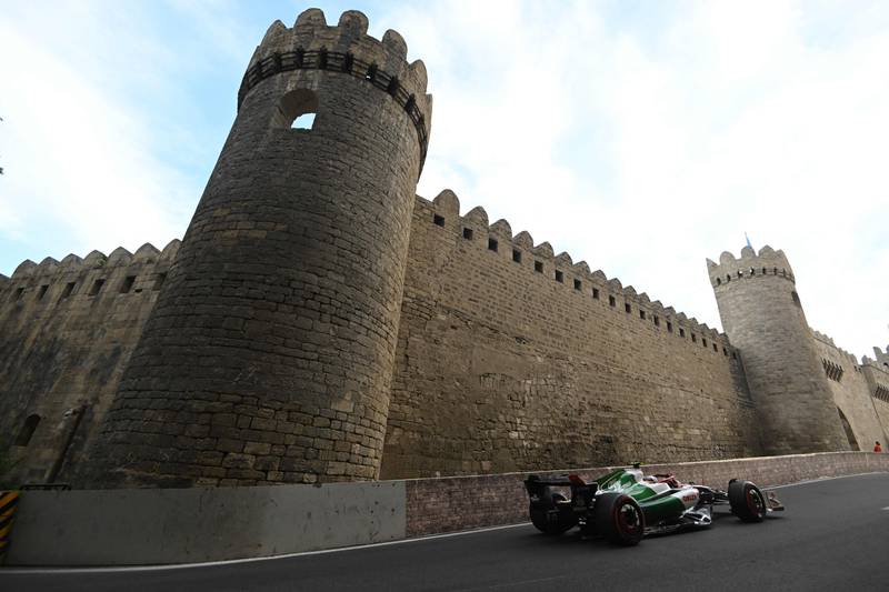 Alfa Romeo's Chinese driver Zhou Guanyu steers his car during the qualifying session for the Formula One Azerbaijan Grand Prix at the Baku City Circuit. AFP