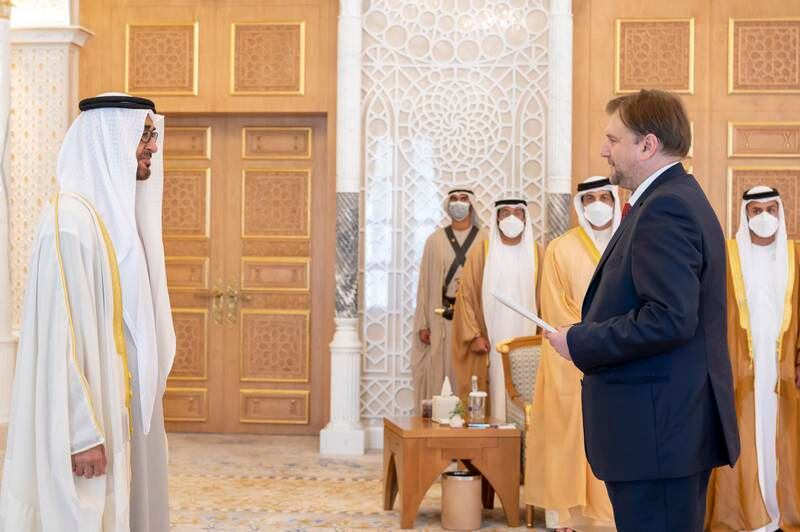 Sheikh Mohamed receives Jakub Slawek, ambassador of Poland to the UAE. Mohamed Al Hammadi /UAE Presidential Court