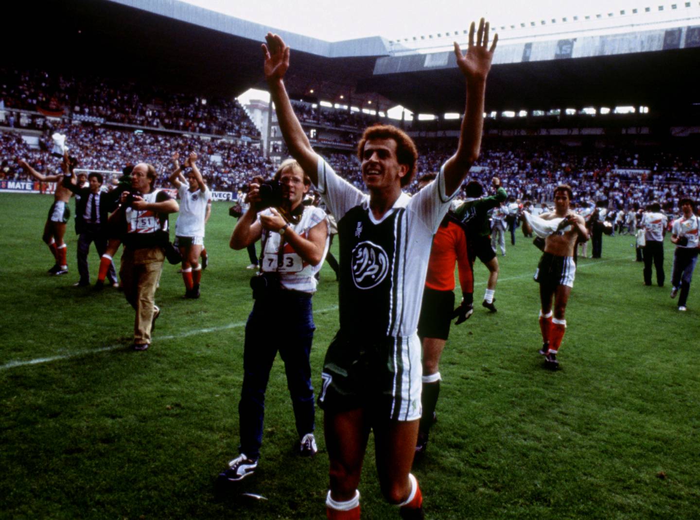 Algeria's Lakhdar Belloumi celebrates after victory over West Germany at Estadio El Molinon on June 16, 1982. Action Images