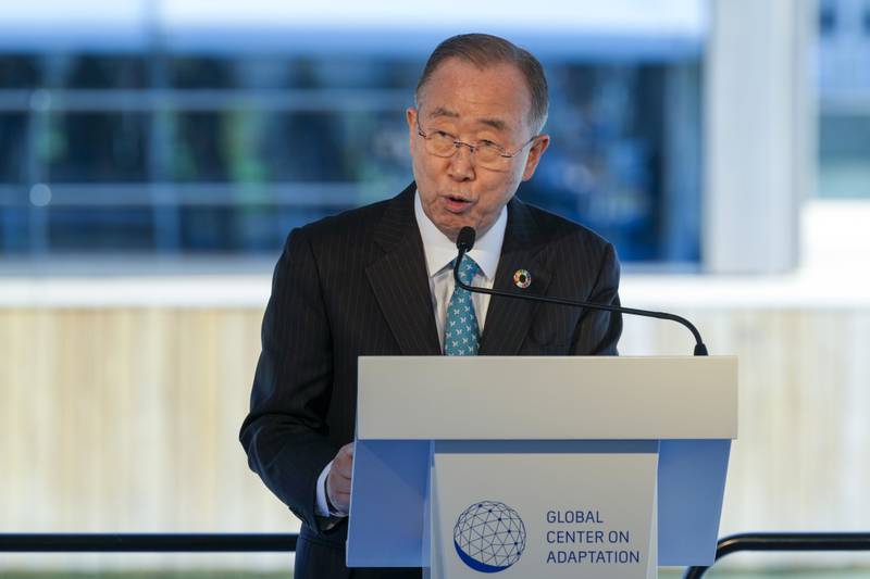 Former UN secretary general Ban Ki-moon addresses the high-level forum on climate adaptation in Rotterdam, the Netherlands, on Monday.  AP