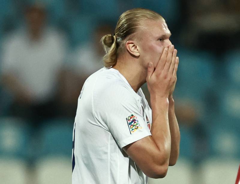 Norway's Erling Haaland reacts after a missed opportunity. Reuters