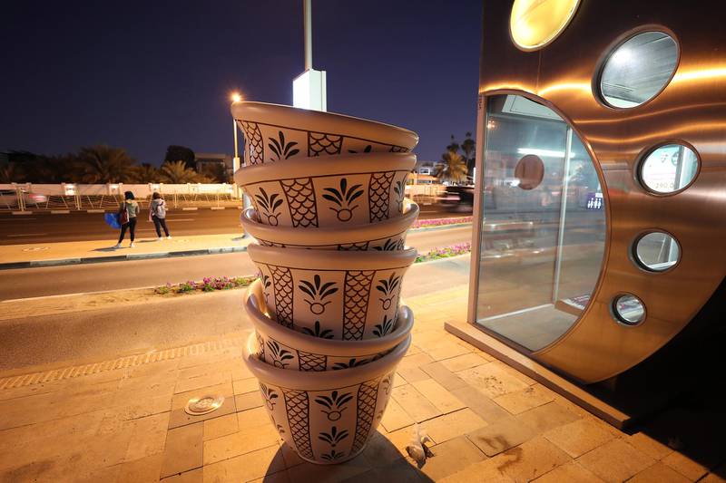 DUBAI, UNITED ARAB EMIRATES , December 24 – 2020 :- Art works installed next to the bus stops on Jumeirah beach road in Dubai. Total eight art works created by international artist installed near the bus stops. ( Pawan Singh / The National ) For Standalone/Online/Instagram/Big Picture