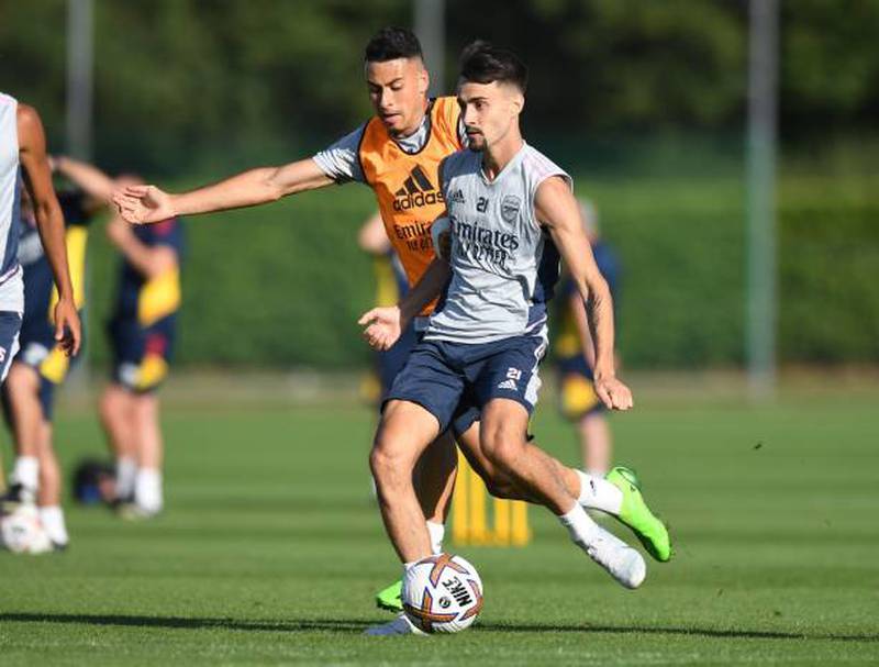 Gabriel Martinelli and Fabio Vieira of Arsenal during a training session. Getty