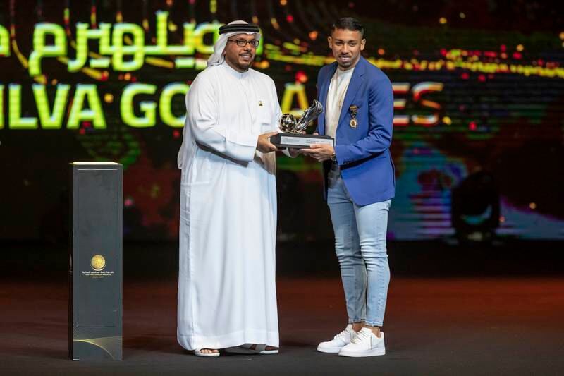 Shabab Al Ahli youngster Guilherme Da Silva scooped the award for top scorer in the 2021/22 Under-21 division at the UAE Pro League Awards Ceremony at Emirates Palace.
Antonie Robertson/The National
