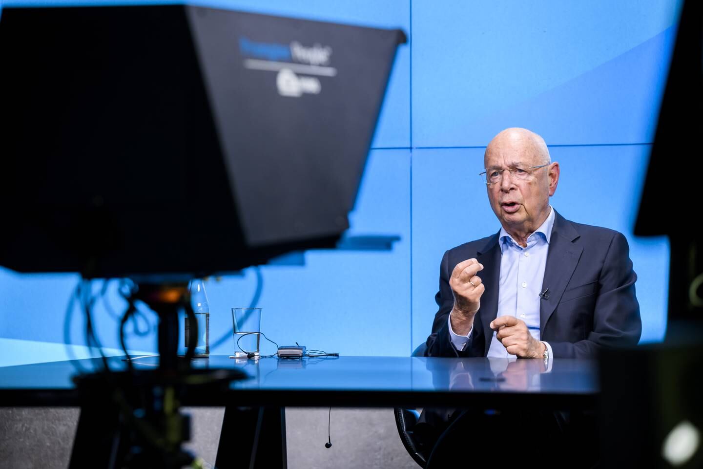 Klaus Schwab, founder and executive chairman of the World Economic Forum, delivers a speech during a virtual media briefing near Geneva. EPA