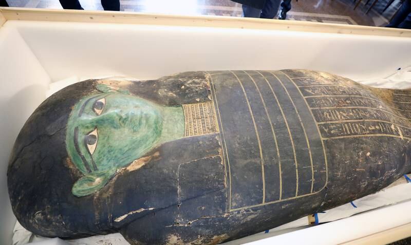 The ancient Egyptian artefact 'Green Sarcophagus' is displayed after it was returned from the Houston Museum of Natural Sciences, in Cairo, Egypt. EPA