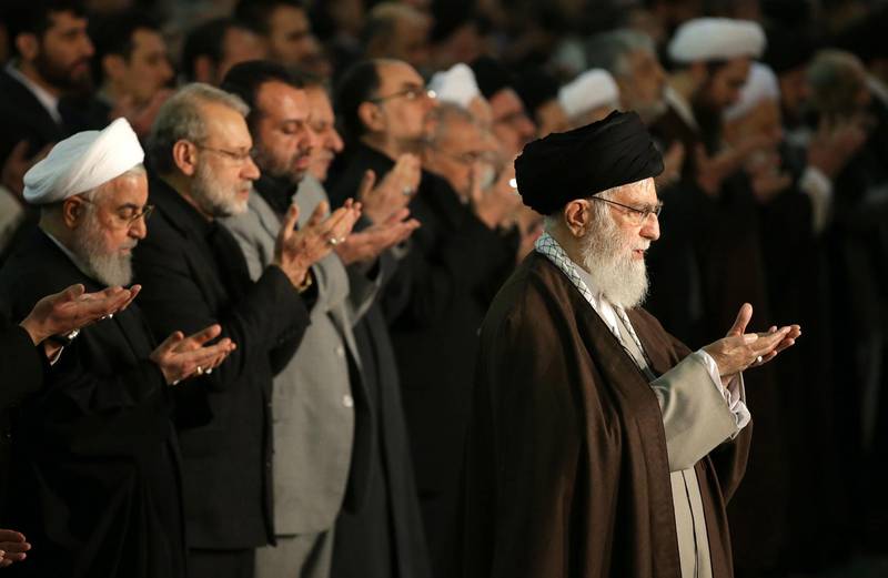 epa08135371 A handout photo made available by Iran's Supreme Leader Office shows Iranian Supreme Leader Ayatollah Ali Khamenei (R) leading a Friday prayer ceremony in Tehran, Iran, 17 January 2020. In picture at left is seen Iranian President Hassan Rouhani. The supreme leader delivered a sermon where he commented on the nuclear deal and the ongoing tensions with the United States, media reported.  EPA/IRAN'S SUPREME LEADER OFFICE HANDOUT  HANDOUT EDITORIAL USE ONLY/NO SALES