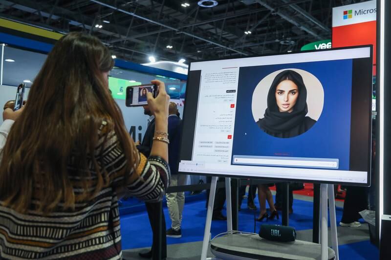 Microsoft's new customisable virtual assistant Mai, which is powered by generative artificial intelligence, on display at Gitex Global in Dubai. Leslie Pableo / The National