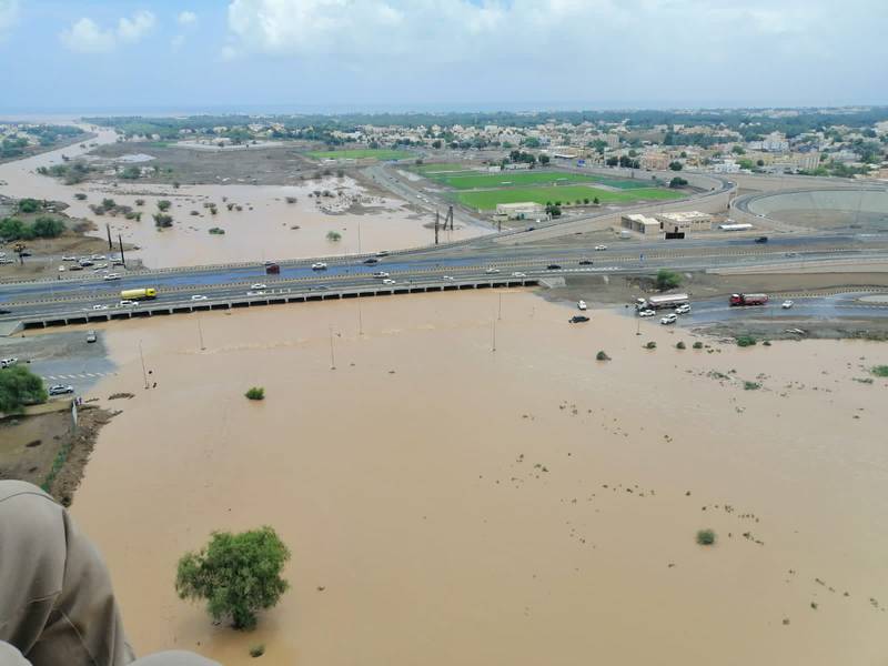 Civil defence teams rescued people from their cars, which became stuck in flooded wadis.