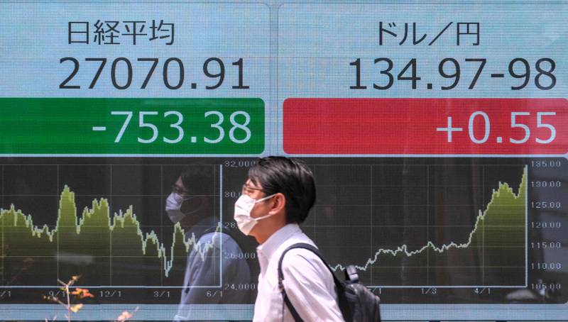 Electronic boards show the closing numbers on the Tokyo Stock Exchange, left, and the yen-US dollar rate in Tokyo on Monday. AFP