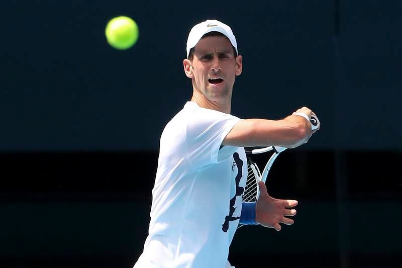 Novak Djokovic is seen training at Melbourne Park on Tuesday, January 11 following his release from detainment over the cancellation of his visa to play in the Australian Open. AP