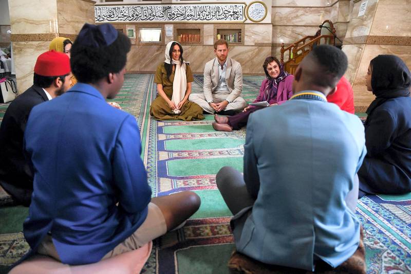 CAPE TOWN, SOUTH AFRICA - SEPTEMBER 24: Meghan, Duchess of Sussex visits Auwal Mosque on Heritage Day with Prince Harry, Duke of Sussex during their royal tour of South Africa on September 24, 2019 in Cape Town, South Africa. Auwal Mosque is the first and oldest mosque in South Africa and for the Muslim community, this mosque symbolises the freedom of former slaves to worship. (Photo by Tim Rooke - Pool/Getty Images)